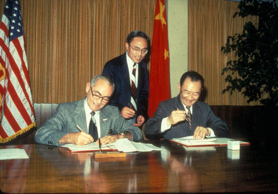 President James Cleary and Chinese Delegation Sign Educational Exchange Agreement, 1982